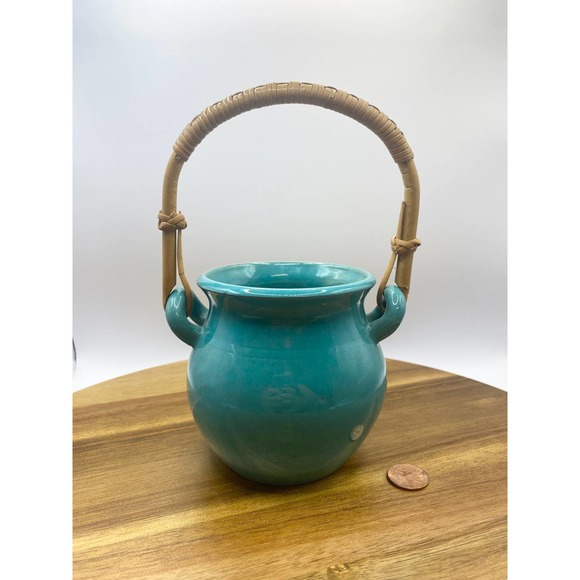 Vintage Stamped Handmade Swedish Teal Glazed Small Clay Pot with Wicker Handle - Picture 5 of 9